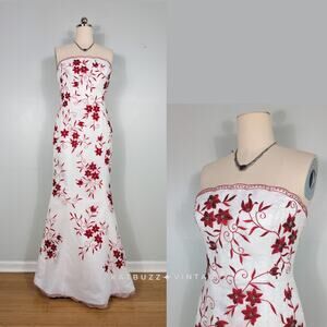 Vintage Cache Prom Dress Maxi Gown 10 White Red Floral Y2K Wedding Bride Glam